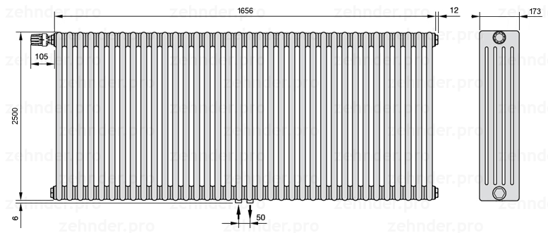Схема (чертеж) Радиатор Zehnder Charleston 5250/36 №V007 Белый глянцевый RAL 9016
